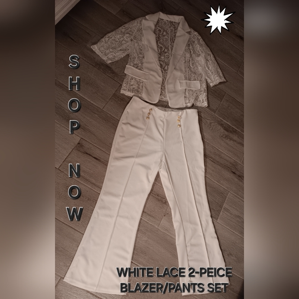 Elegant White Lace Blazer and White Pants Set With Gold Buttons
